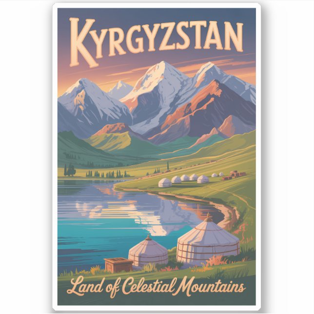 Pegatina Kyrgyzstan Mountains Illustration Travel Art Vinta (Anverso)
