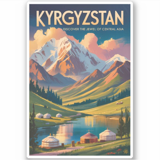 Pegatina Kyrgyzstan Yurt Illustration Travel Art Vintage (Anverso)