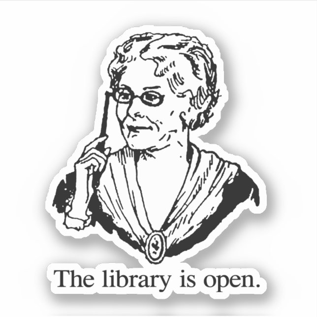 Pegatina La biblioteca está abierta (Anverso)