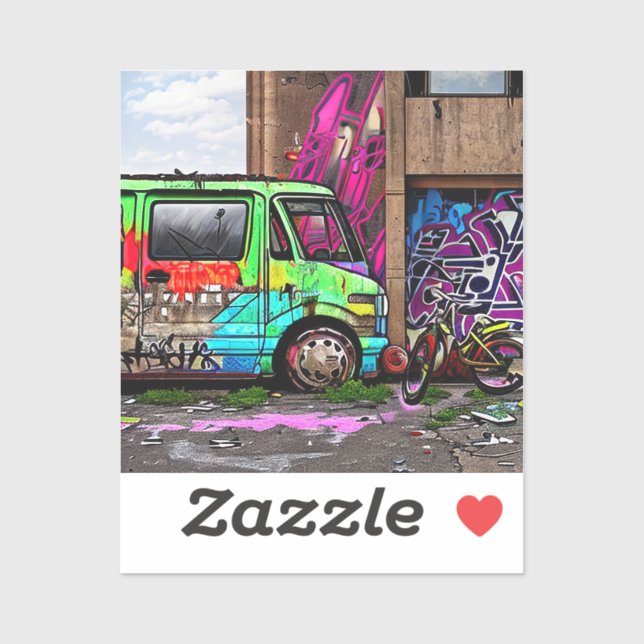 Pegatina La camioneta abandonada y el graffiti de bicicleta (Hoja)