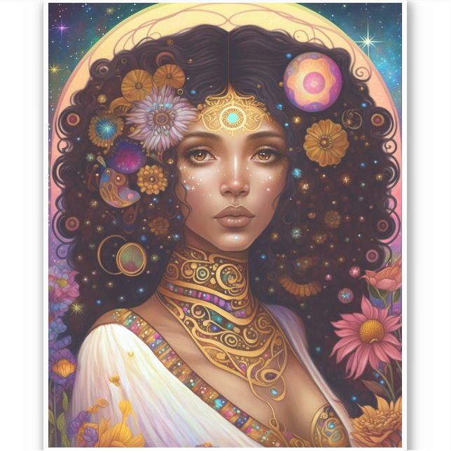 Pegatina La diosa negra afroamericana reina arte de fantasí (Anverso)