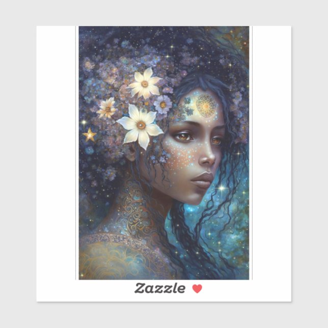 Pegatina La diosa negra afroamericana reina arte de fantasí (Hoja)