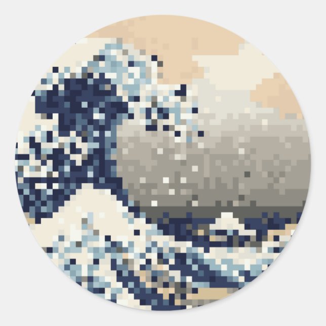 Pegatina La gran ola de Kanagawa 8 bit Pixel Art (Anverso)