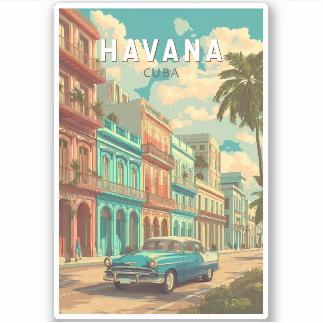 Pegatina La Habana Cuba Ilustracion Viaje Arte Vintage (Anverso)