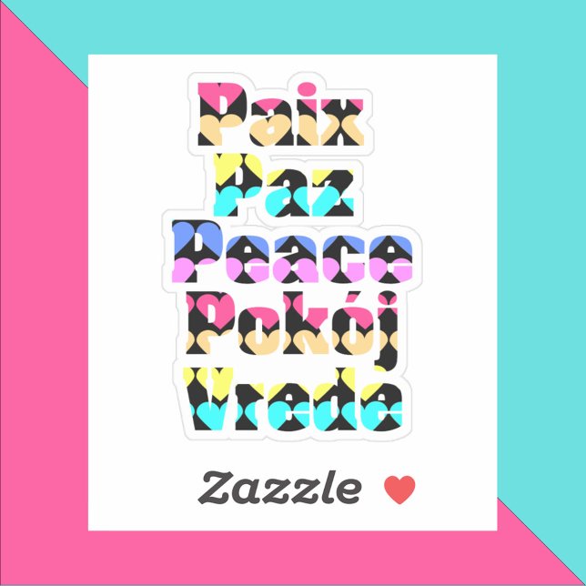 Pegatina La paz en los idiomas extranjeros brillan en el co (A sticker that says peace with a colorful heart pattern)