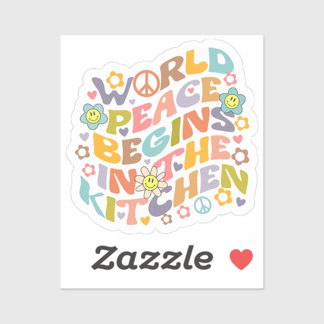 Pegatina La paz mundial comienza en la cocina, el retro veg (Hoja)