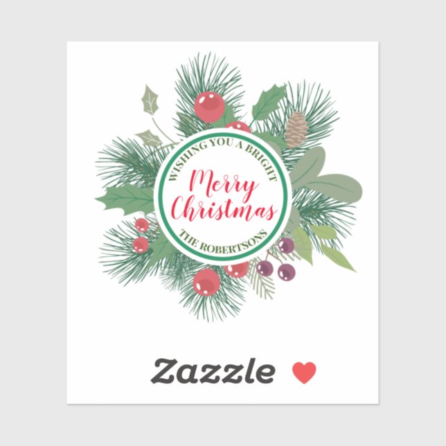 Pegatina La verde del invierno Wreath Feliz Navidad (Hoja)