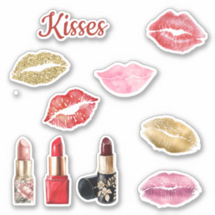 Pegatina Labios con Brillo Dorado Besos Rojos