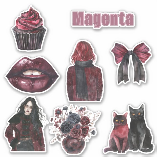 Pegatina Labios Magenta Gatos Flores Lazo (Anverso)