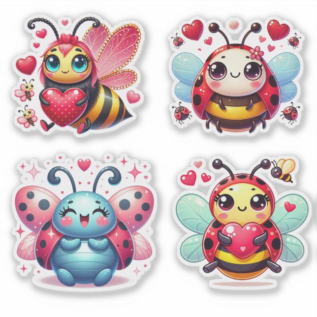 Pegatina Lady Bugs Y Bee Valentine (Anverso)