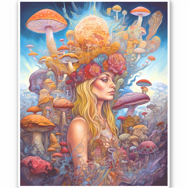 Pegatina Lady Y Mushrooms Surreal Fantasy Art (Anverso)