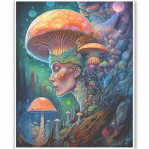 Pegatina Lady Y Mushrooms Surreal Fantasy Art