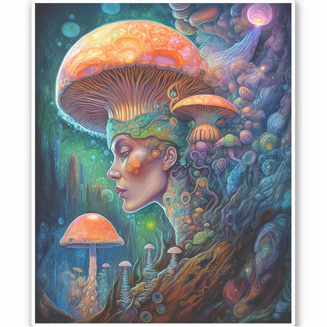 Pegatina Lady Y Mushrooms Surreal Fantasy Art (Anverso)