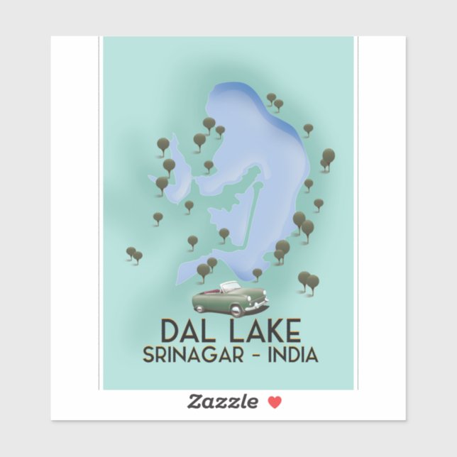 Pegatina Lago Dal, Srinagar, India, mapa de afiches de viaj (Hoja)