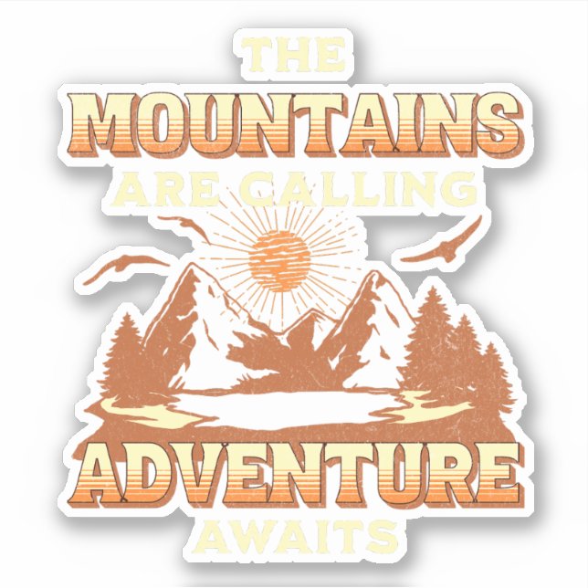 Pegatina Las montañas están llamando, la aventura espera (Anverso)
