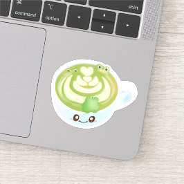 Pegatina Latte De Té Verde Matcha Caliente Con Ranas Cutas