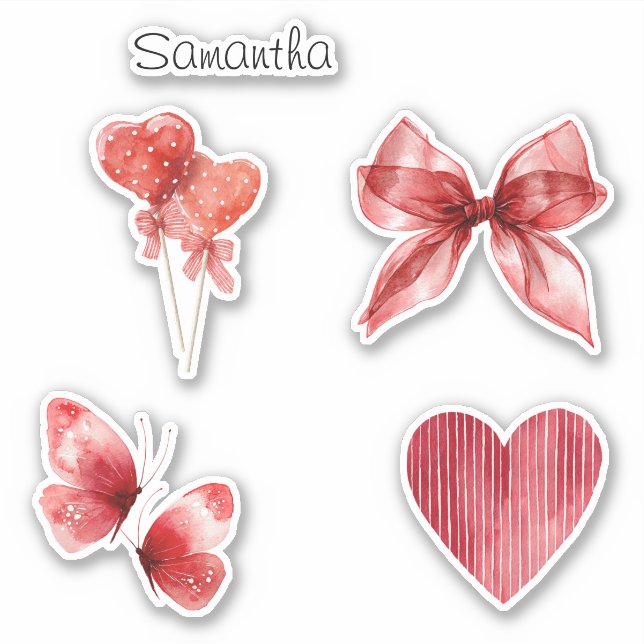 Pegatina Lazos Rojos Bonitos Corazones Mariposas (Anverso)