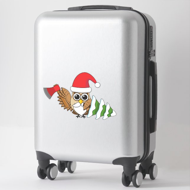 Pegatina Lechuza navidad con hacha y pino nevado (Maleta)