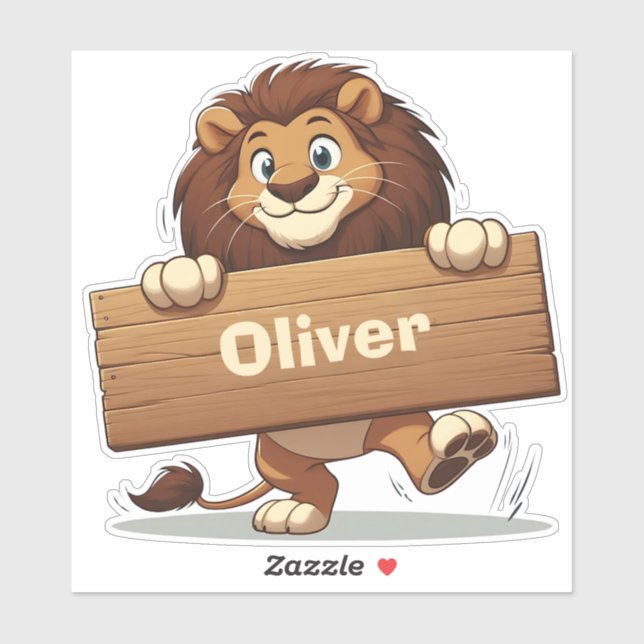Pegatina León juguetón con placa de nombre de madera (Hoja)