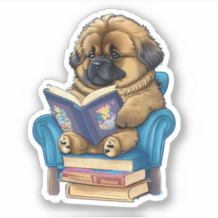 Pegatina Leonberger Puppy leyendo un libro