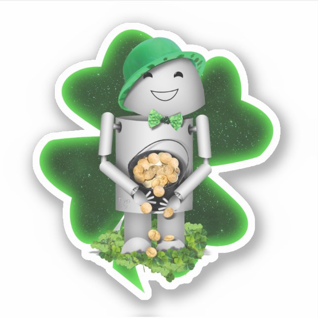 Pegatina Leprechaun Robot Día de San Patricio (Anverso)