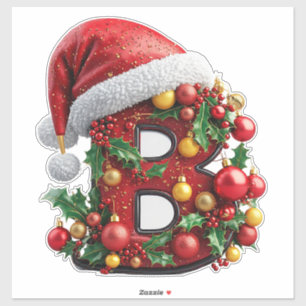Pegatina Letra B Roja de Navidad Decorada Festivamente