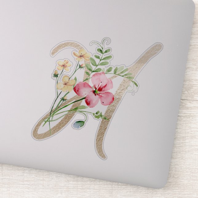 Pegatina Letra falsa oro "H" acuarela Flores silvestres (Detalle)