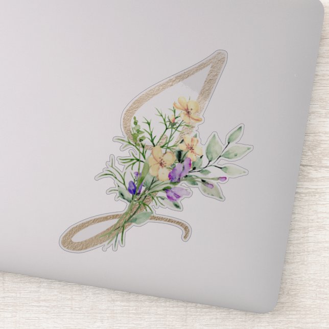 Pegatina Letra falsa oro "J" acuarela Flores silvestres (Detalle)