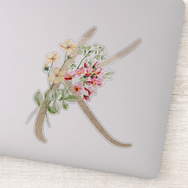 Pegatina Letra falsa oro "K" acuarela Flores silvestres (Detalle)