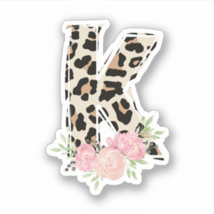Pegatina Letra floral K nombre inicial Leopard Cheetah Prin