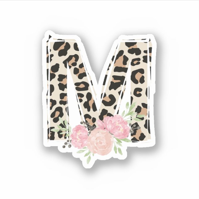 Pegatina Letra floral M Nombre inicial Leopardo Cheetah Imp (Anverso)