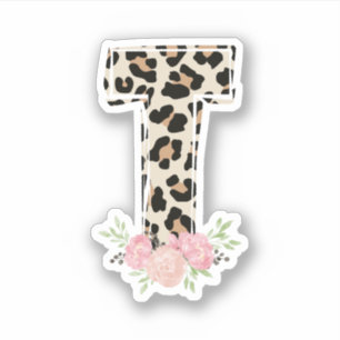Pegatina Letra floral T nombre inicial Leopardo Cheetah Pri