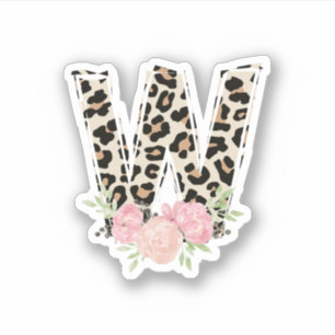Pegatina Letra floral W nombre inicial Leopardo Cheetah Pri