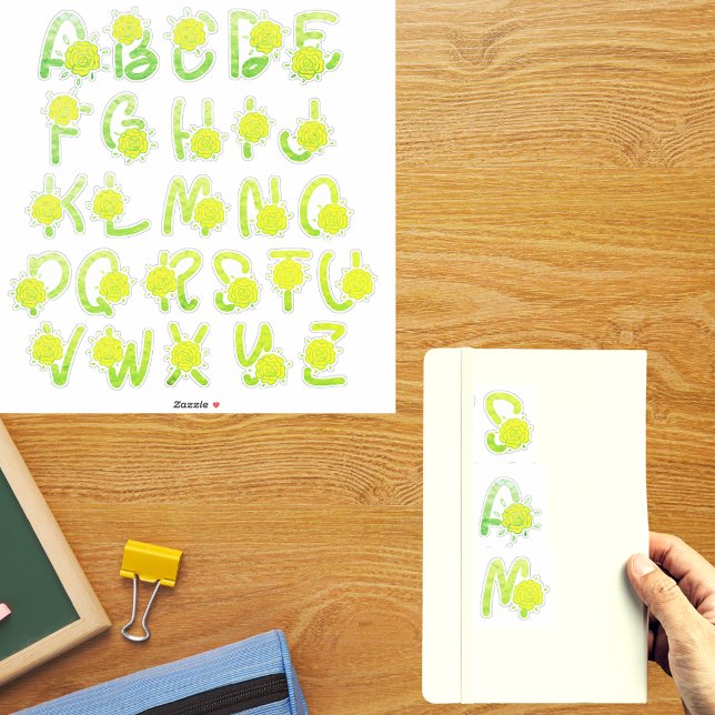 Pegatina Letras del Monograma A Z de la floración amarilla  (Glitter Green Yellow Floral Monogram A Z Letters Sticker)