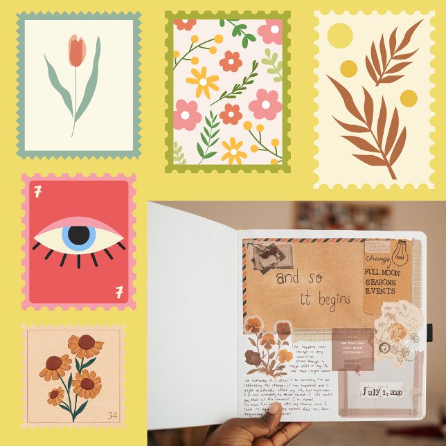 Pegatina Leyenda antigua de estampillas florales (Pretty retro scrapbooking artwork, floral stamps and vintage scrapbook background, old letter)