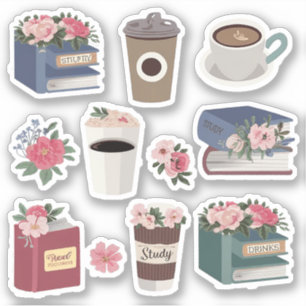 Pegatina Libros de flores y Café para los amantes del café