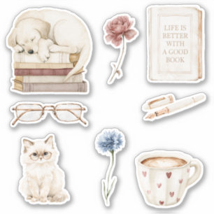 Pegatina Libros Perro Gato Flores