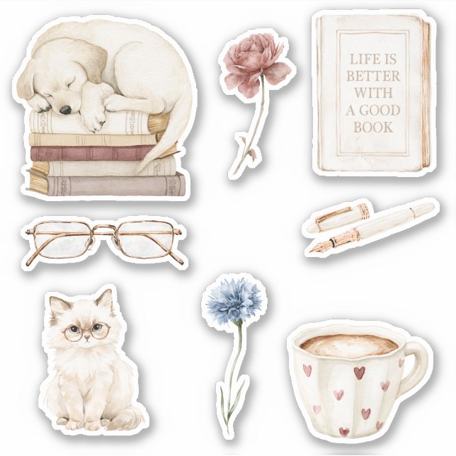 Pegatina Libros Perro Gato Flores (Anverso)
