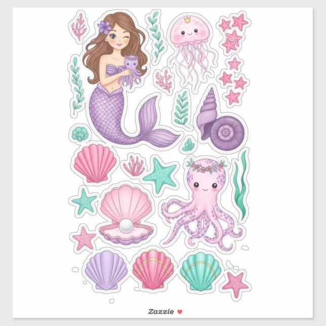 Pegatina Lilac Mermaid & Cute Octopus Vinyl Sticker (Hoja)