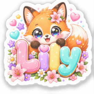 Pegatina Lily Fox Kawaii Bonito Nombre Floral Madera Rosa P