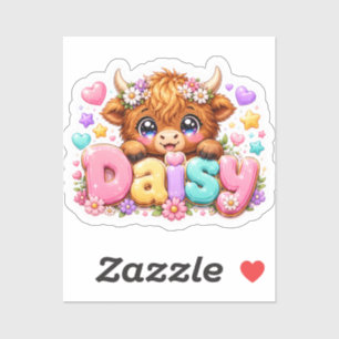 Pegatina Linda Vaca Highland Dainty Nombre Rosa Pastel Fl
