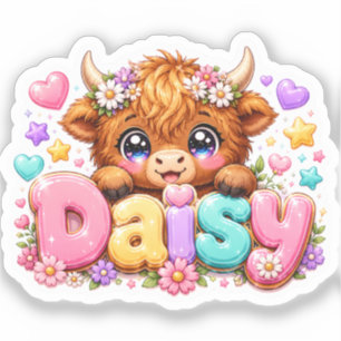 Pegatina Linda Vaca Highland Dainty Nombre Rosa Pastel Kawa