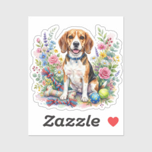 Pegatina Lindo Beagle en acuarela entre flores