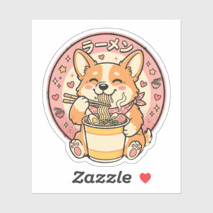 Pegatina Lindo Corgi Comiendo Ramen Kawaii Fideos Japoneses