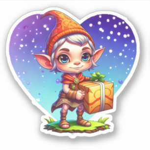 Pegatina Lindo Elfo de Navidad Sosteniendo Regalo