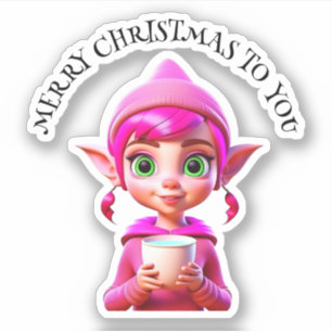 Pegatina Lindo Elfo Rosa con Café o Cacao Navidad