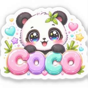 Pegatina Lindo Kawaii Coco Panda Nombre Pastel Rosa Brillan