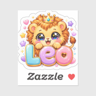 Pegatina Lindo Kawaii Leo León Nombre Pastel Corona Rosa Br