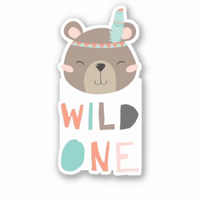 Pegatina lindo oso marrón woodland Wild One Tribal cumpleañ (Anverso)