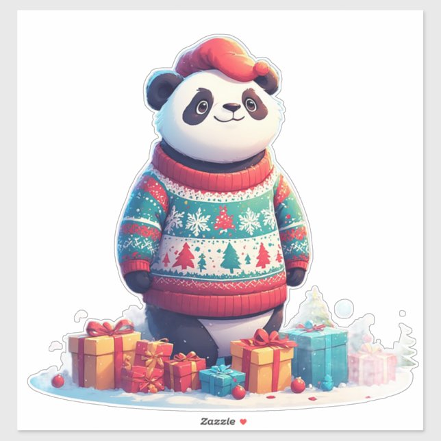 Pegatina Lindo Panda Con Jersey De Navidad Lleva Sombrero D (Hoja)
